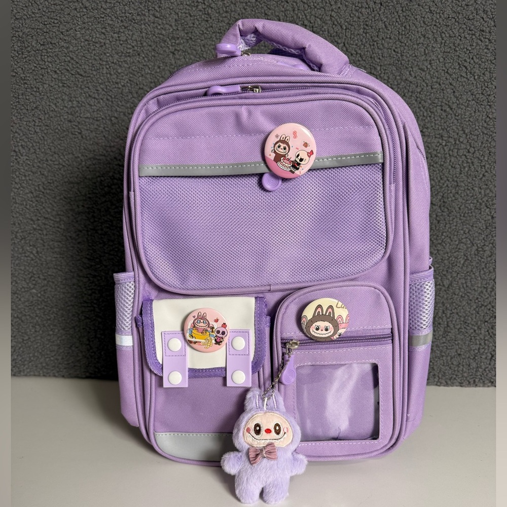 Purple Backpack with Cute Pins and Plush Labubu Charm